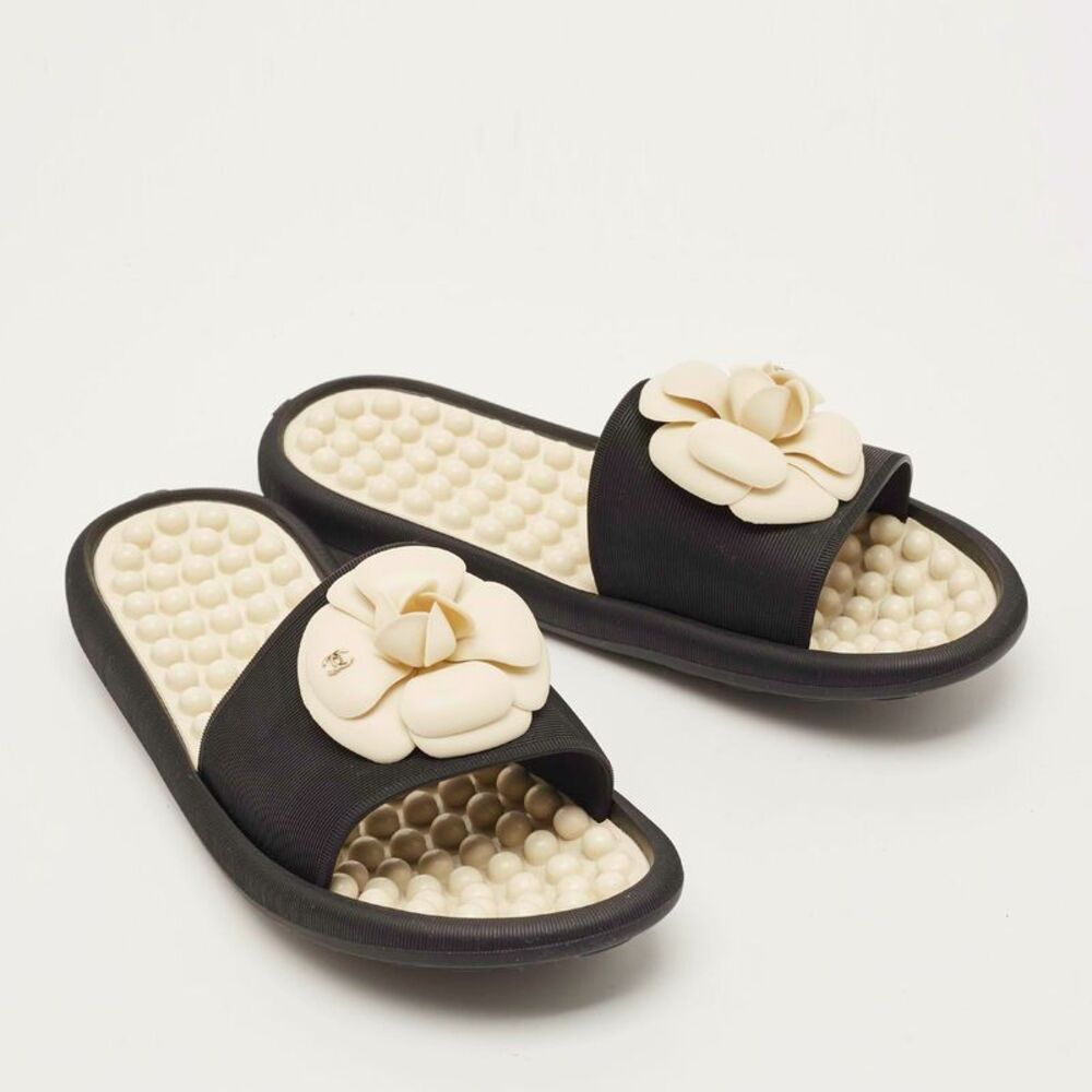 Chanel Cc Camellia Size 40 Black Rubber Flat Slide - Picture 4 of 7